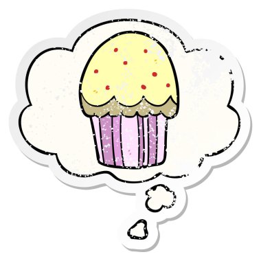 karikatür cupcake ve sıkıntılı yıpranmış etiket olarak kabarcık düşünce