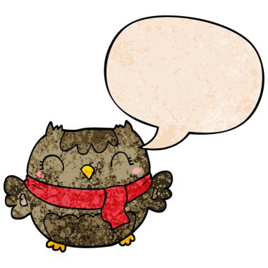 retro doku tarzında sevimli karikatür baykuş ve konuşma balonu