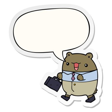 sevimli karikatür iş ayı ve konuşma kabarcık etiket