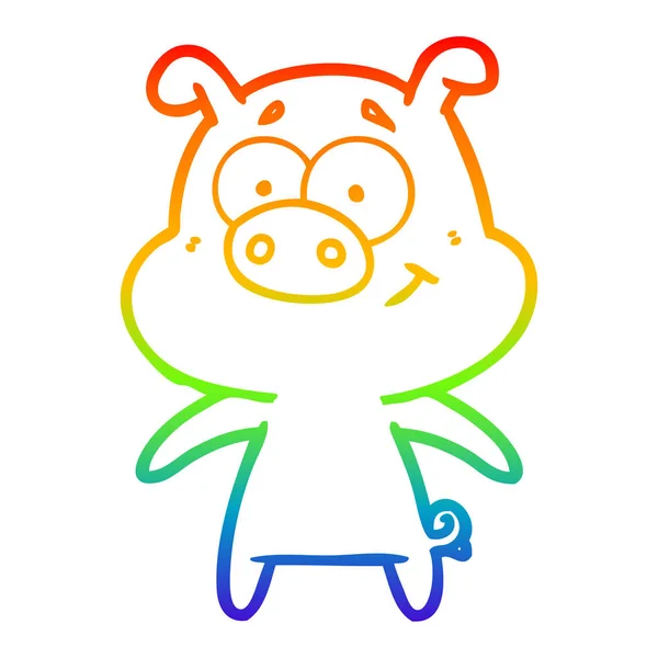 Радужная градиентная линия, рисующая счастливую мультяшную свинью — стоковый вектор