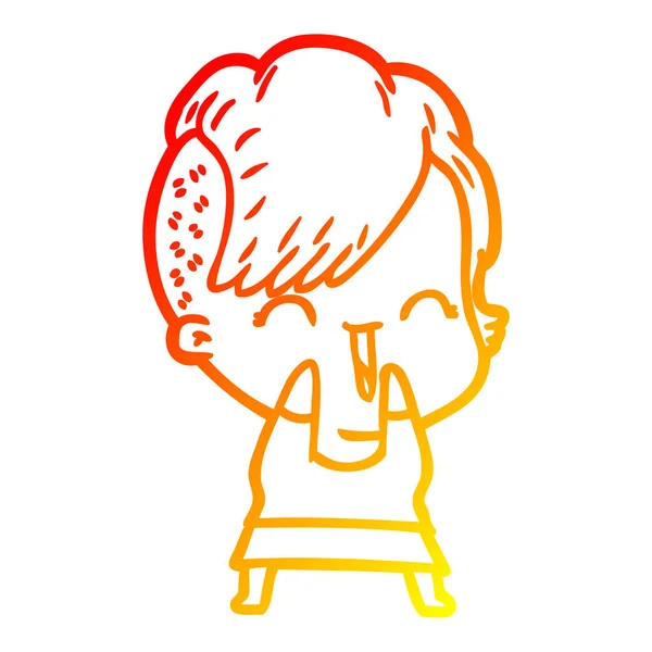 따뜻한 그라데이션 라인 그리기 만화 행복 힙스터 소녀 — 스톡 벡터