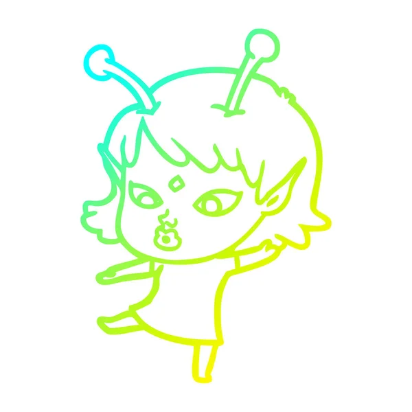 Frío gradiente línea dibujo bastante dibujos animados chica alienígena — Vector de stock