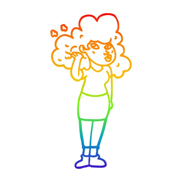 Regenbogen-Gradienten-Linie Zeichnung Cartoon-Mädchen spielt mit Haaren — Stockvektor