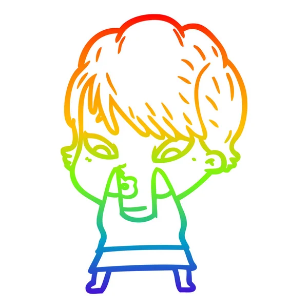 Regenboog gradiënt lijntekening cartoon vrouw — Stockvector