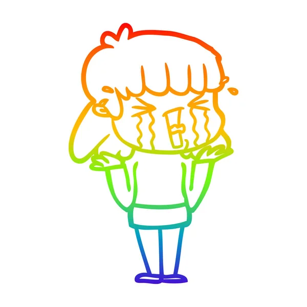 Rainbow gradient line drawing cartoon woman in tears — Stock Vector