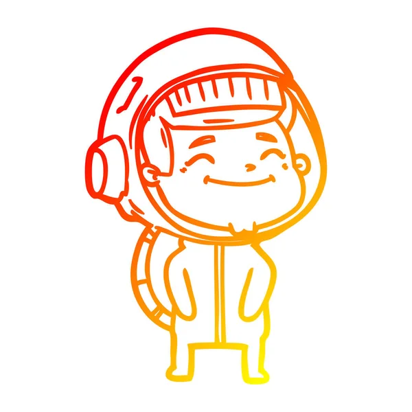 Línea de gradiente caliente dibujo feliz astronauta de dibujos animados — Vector de stock