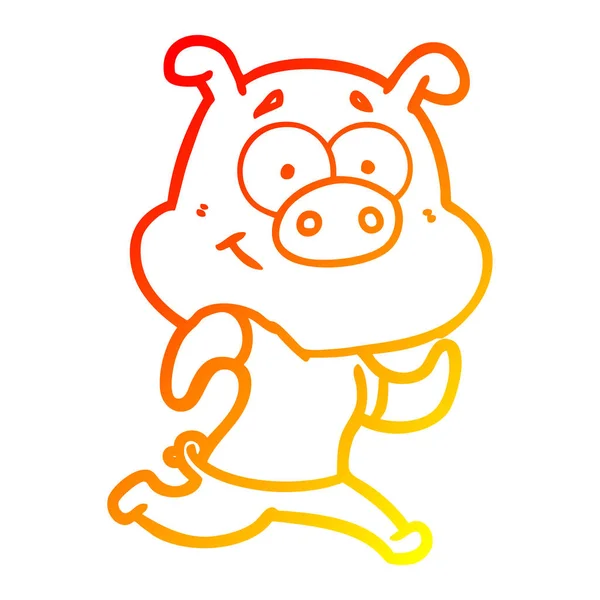 Warm gradient line drawing happy cartoon pig running — Stock Vector