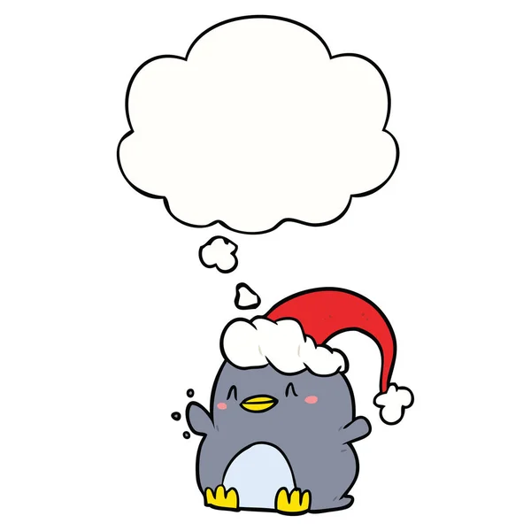 Cartoon-Pinguin mit Weihnachtsmütze und Gedankenblase — Stockvektor
