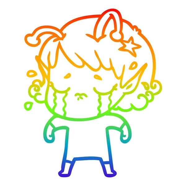 Rainbow gradient linje ritning tecknad Crying Alien Girl — Stock vektor