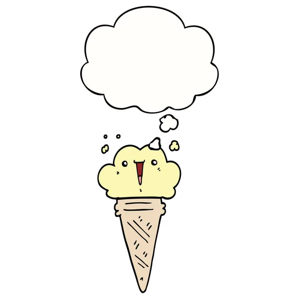 Helado de dibujos animados con la cara y la burbuja de pensamiento — Vector de stock