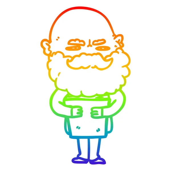 Arco iris gradiente línea dibujo dibujos animados hombre con barba frunciendo el ceño — Vector de stock