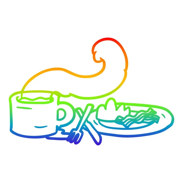 Linha gradiente arco-íris desenho pequeno-almoço de café e bacon — Vetor de Stock