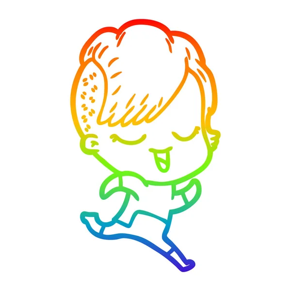Linea gradiente arcobaleno disegno felice ragazza dei cartoni animati in futuristico c — Vettoriale Stock