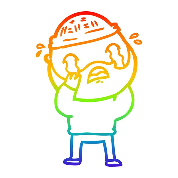 Rainbow gradient line drawing cartoon bearded man crying — Stock Vector