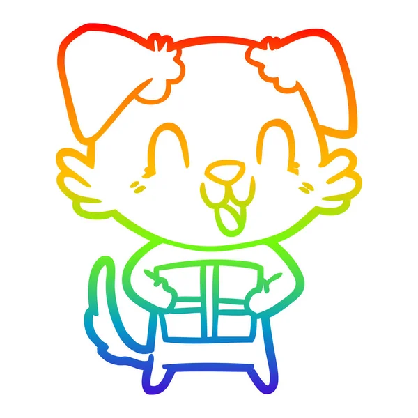 Linea gradiente arcobaleno disegno ridere cane cartone animato con christma — Vettoriale Stock