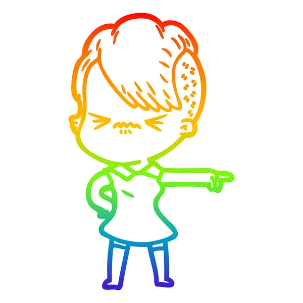 Rainbow gradient ligne dessin dessin animé ennuyé hipster fille — Image vectorielle