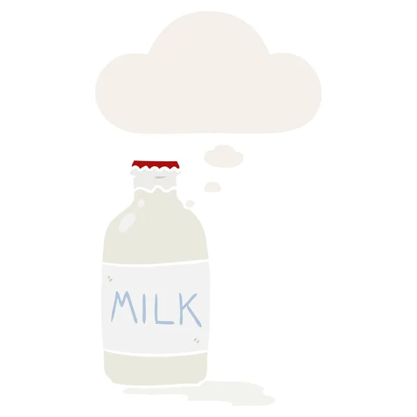 Botella de leche de dibujos animados y burbuja de pensamiento en estilo retro — Vector de stock