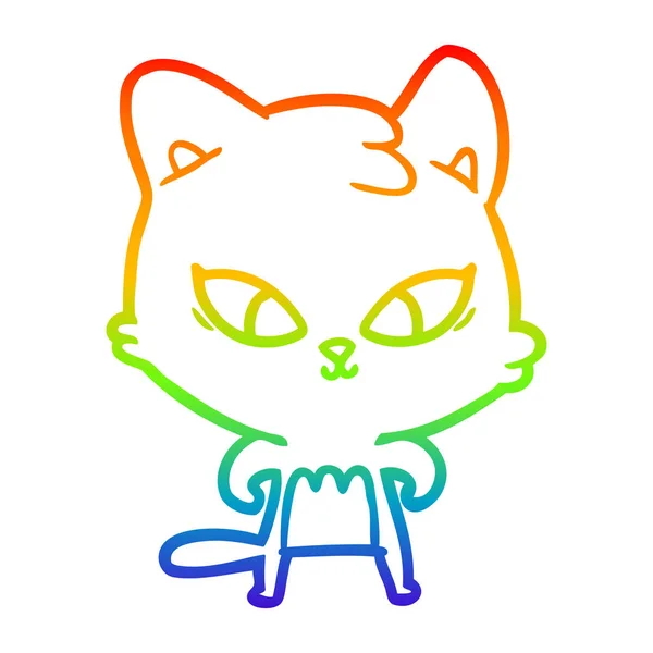 Rainbow gradient line drawing cute cartoon cat — Stock Vector