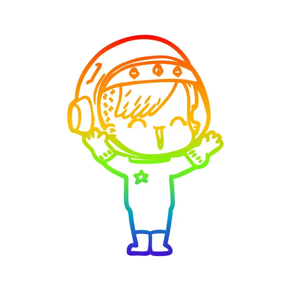 Arco-íris linha gradiente desenho cartoon rindo astronauta menina — Vetor de Stock