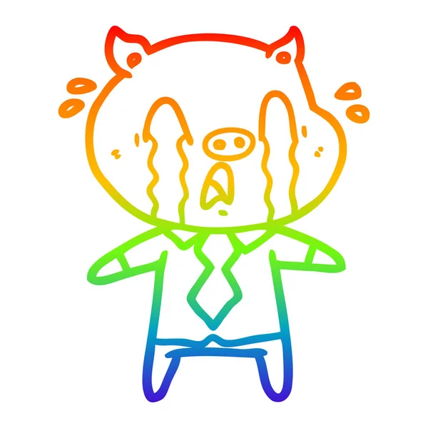 Rainbow gradient line drawing crying pig cartoon wearing human c — Stock Vector