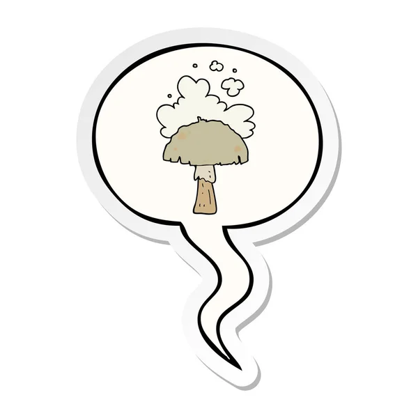 만화 버섯과 포자 구름과 음성 거품 스티커 — 스톡 벡터