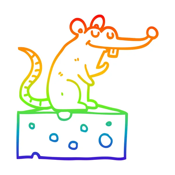 Радужная градиентная линия рисует мультяшную мышь, сидящую на сыре — стоковый вектор
