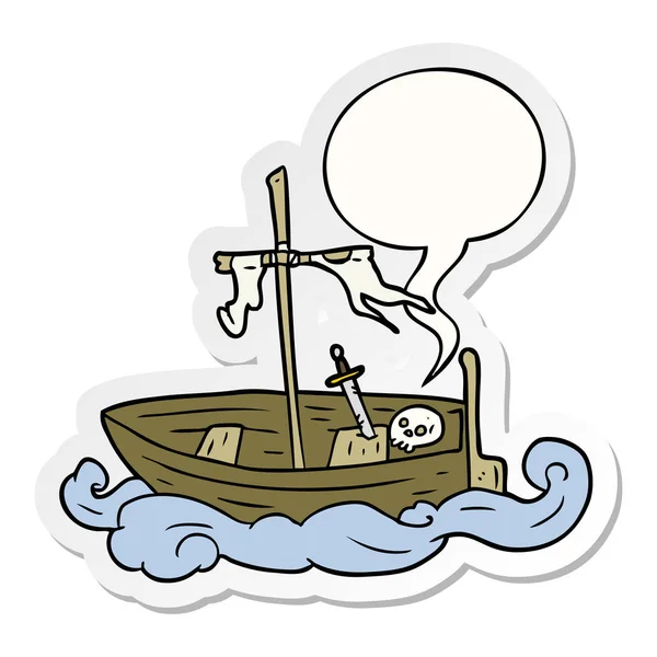 Cartoon old shipwrecked boat and speech bubble sticker — Stock Vector