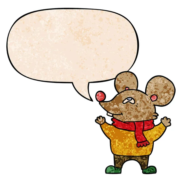 Ratón de dibujos animados con bufanda y burbuja del habla en textura retro s — Archivo Imágenes Vectoriales