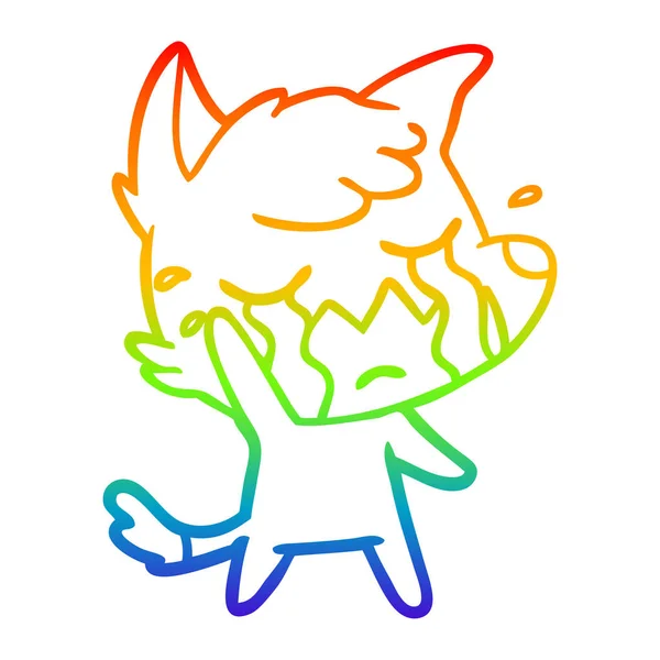 Rainbow gradient line drawing crying waving fox cartoon — Stock Vector