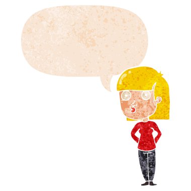 retro dokulu tarzda karikatür kadın bakan ve konuşma balonu