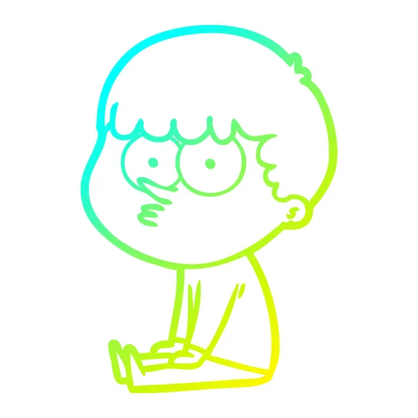 Frío gradiente línea dibujo dibujos animados chico sentado esperando — Vector de stock