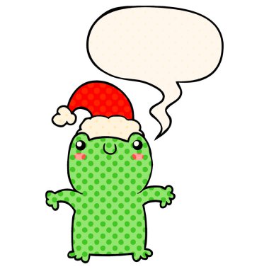 sevimli karikatür kurbağa com noel şapka ve konuşma balonu giyen