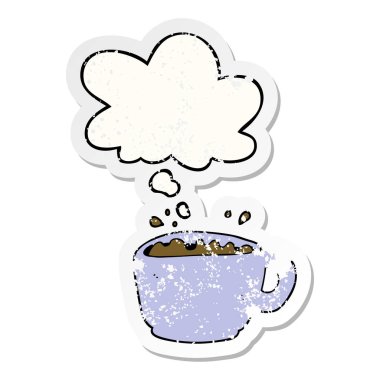 karikatür kahve fincanı ve sıkıntılı bir yıpranmış sopa olarak kabarcık düşünce