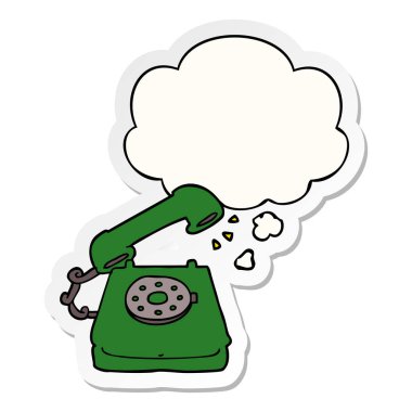 karikatür eski telefon ve baskılı bir etiket olarak kabarcık düşünce