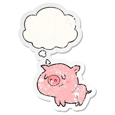 karikatür domuz ve sıkıntılı yıpranmış etiket olarak kabarcık düşünce