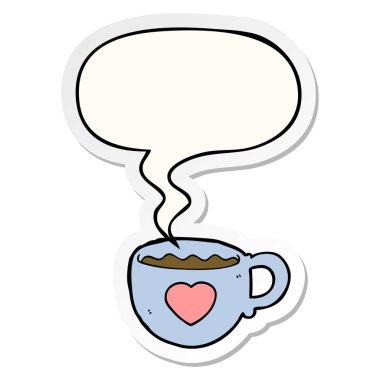 Ben kahve karikatür fincan ve konuşma kabarcık etiket seviyorum