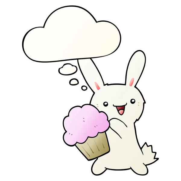 Lindo conejo de dibujos animados con muffin y burbuja de pensamiento en gra suave — Vector de stock