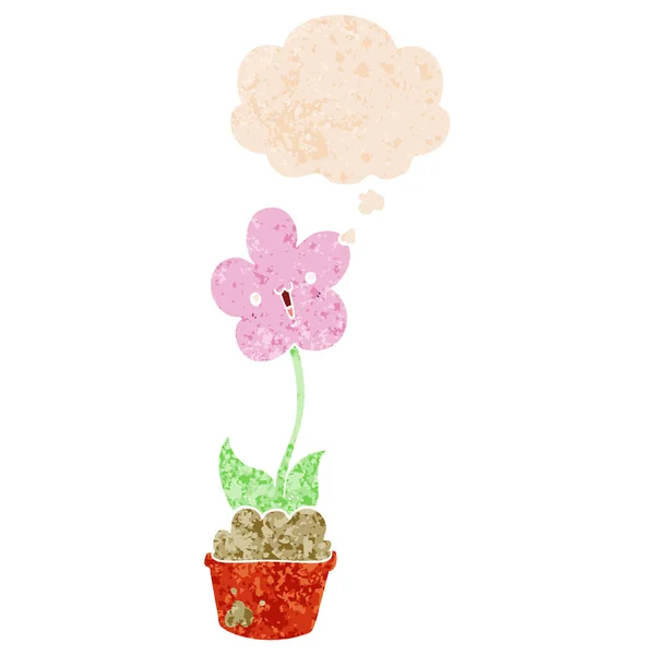 Χαριτωμένο λουλούδι καρτούν και φούσκα σκέψης σε ρετρό υφή στυλ — Διανυσματικό Αρχείο