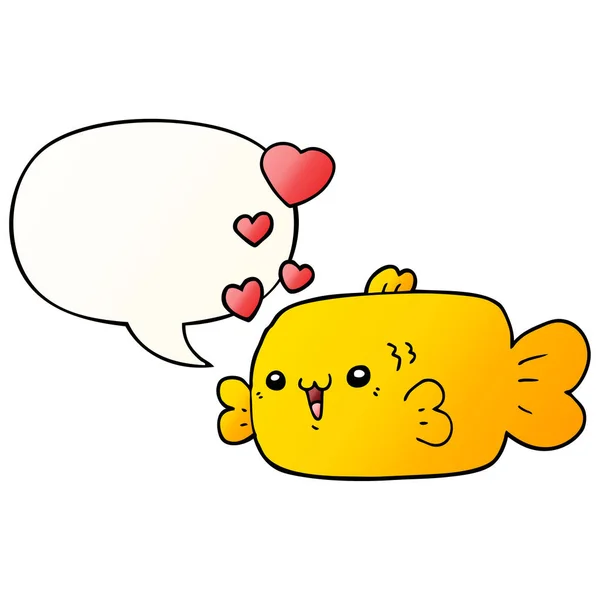 Sevimli karikatür balık ve pürüzsüz gr aşk kalpleri ve konuşma balonu — Stok Vektör