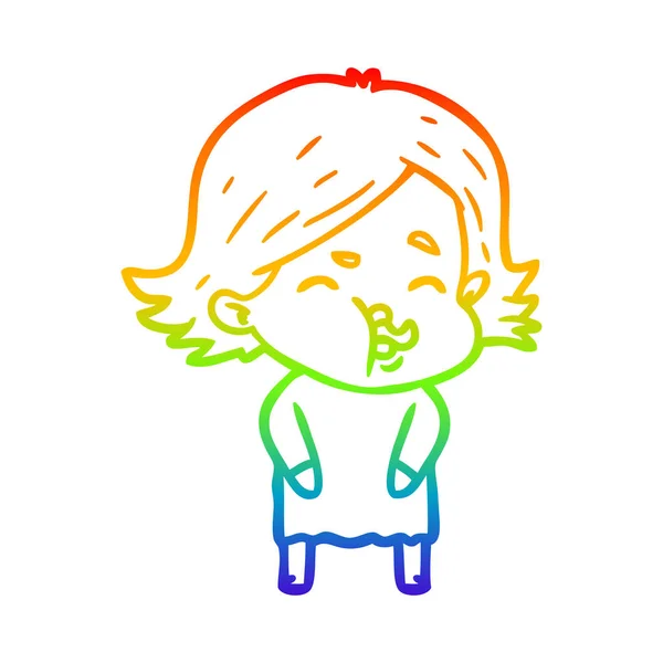 Arcobaleno gradiente linea disegno cartone animato ragazza tirando faccia — Vettoriale Stock