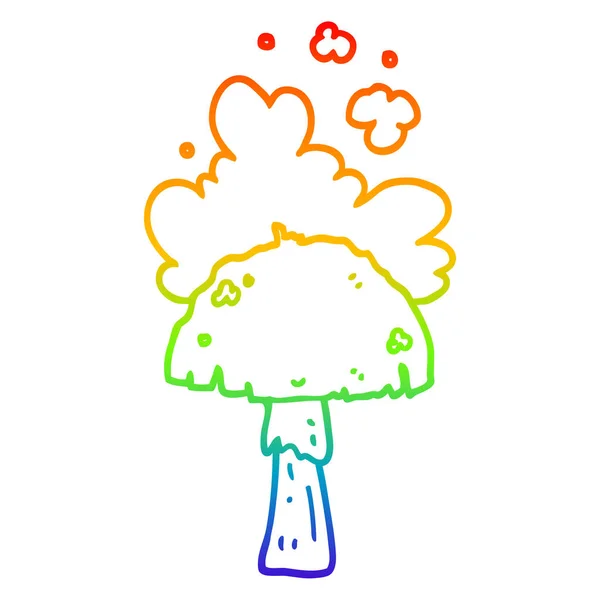 Regenbogen-Gradientenlinie Zeichnung Cartoon-Pilz mit Sporenwolke — Stockvektor