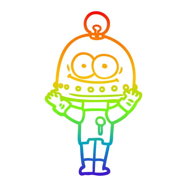 Rainbow gradient ligne dessin heureux robot carton avec ampoule — Image vectorielle