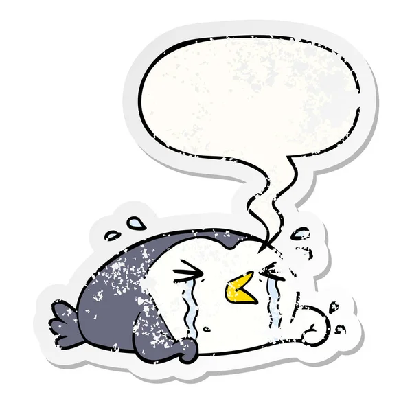 Çizgi film ağlayan penguen ve konuşma balonu sıkıntılı etiket — Stok Vektör