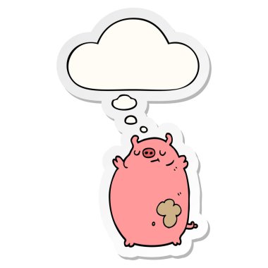 karikatür şişman domuz ve baskılı bir etiket olarak kabarcık düşünce