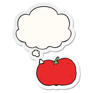karikatür domates ve baskılı bir etiket olarak kabarcık düşünce