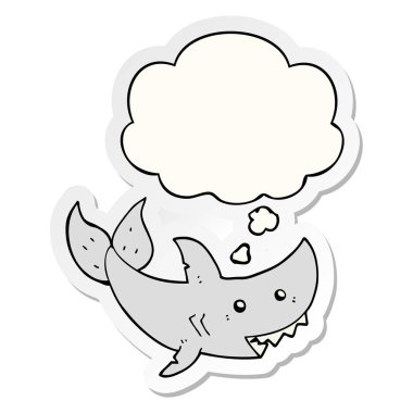 karikatür köpekbalığı ve baskılı bir etiket olarak kabarcık düşünce