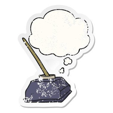 karikatür eski mürekkep pot ve kalem ve sıkıntılı bir w olarak kabarcık düşünce