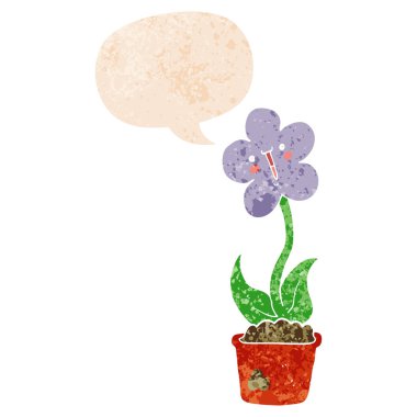 retro dokulu tarzısevimli karikatür çiçek ve konuşma balonu