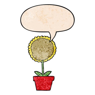 retro doku tarzında sevimli karikatür çiçek ve konuşma balonu