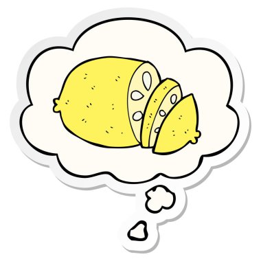 karikatür dilimlenmiş limon ve baskılı bir etiket olarak kabarcık düşünce